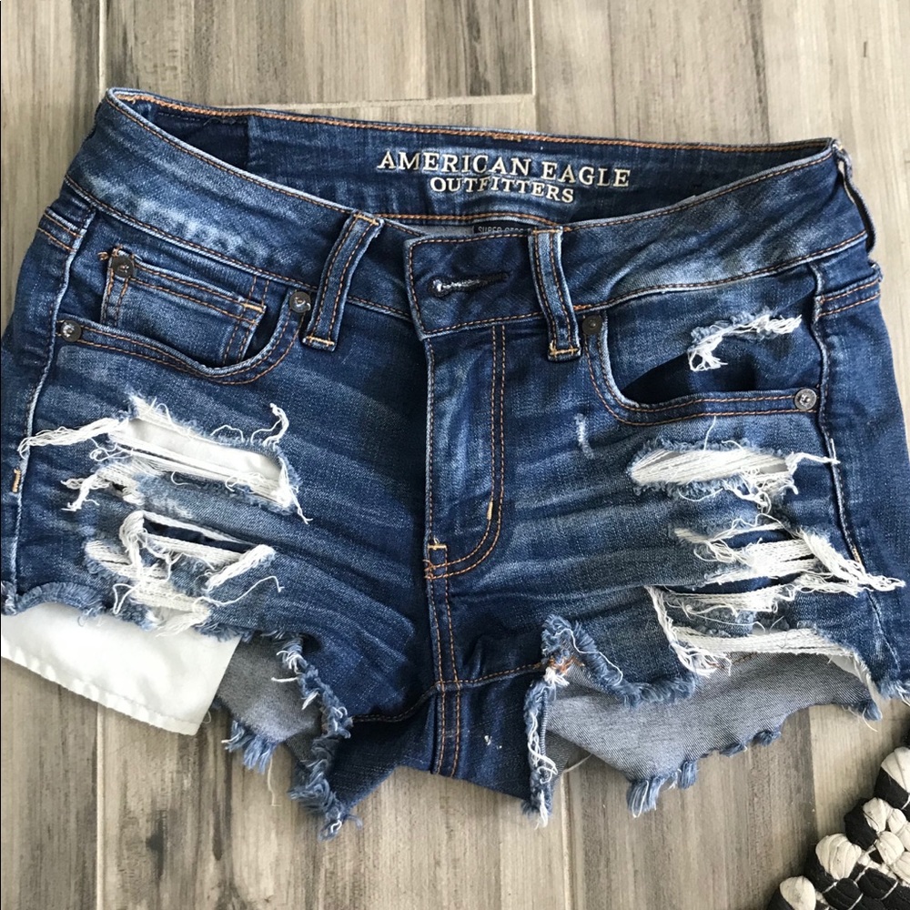 AE Distressed Dark Denim Shorts